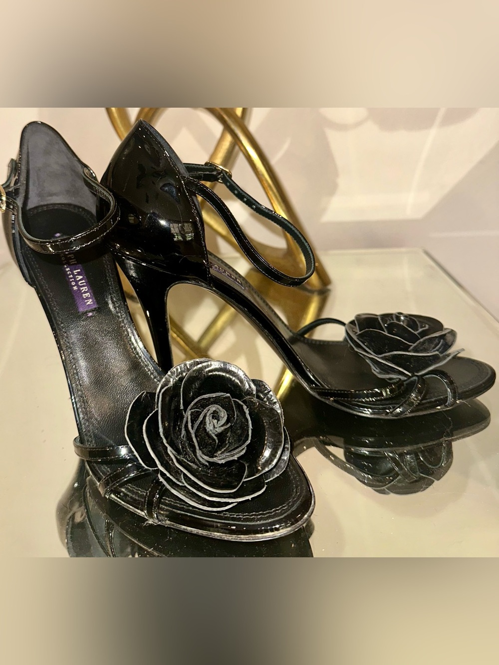 Stunning New Ralph Lauren Black Patent Rose floral Strappy Heels 9 8.5 m